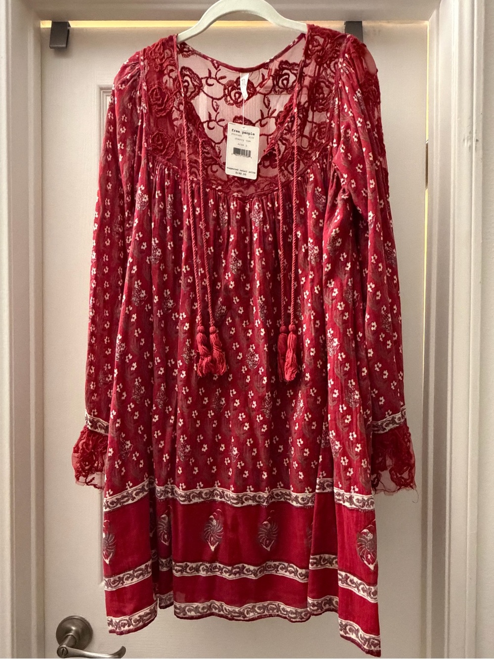 Free People Cherry Red Embroidered Sheer Tunic